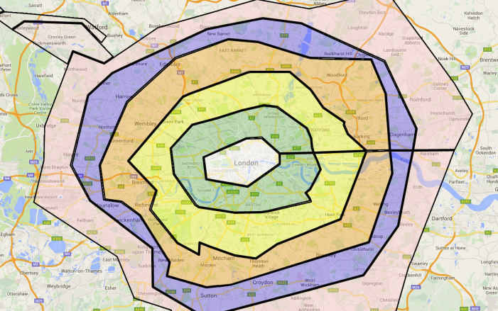 Bản đồ chia Zone tại London (nguồn: onemileatatime)